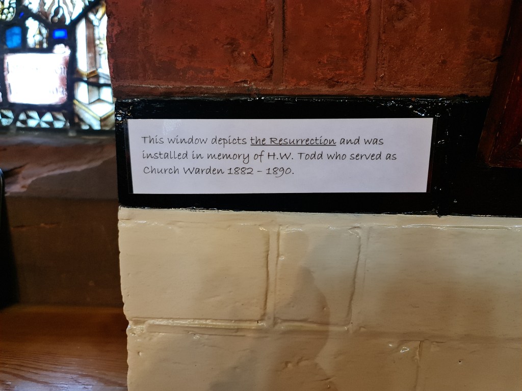 This window depicts the Resurrection and was installed in the memory of HW Todd who served as Church Warden 1882-1890."