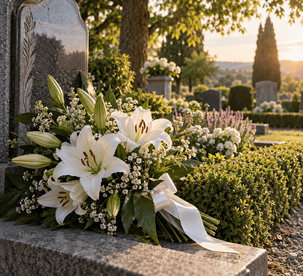 A funereal bouquet of lilies located by a beautifully tended graveside at golden hour.